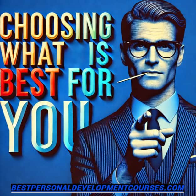 The words choose what is best for you is in colorful letters with a stylish man in a suit pointing representing choosing the best personal development course for the individual