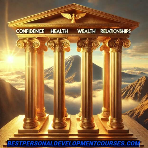 picture of 4 golden pillars with mount Olympus as the background. Confidence, health, wealth, and relationships are written across the pillars in succession, representing the 4 pillars of the best personal development courses site