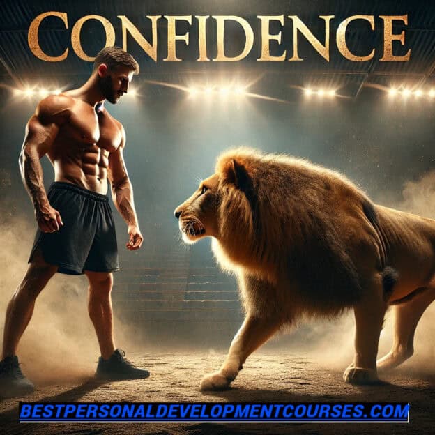 confidence in golden letters at the top of the page and a muscular athlete facing off against a lion in an arena. The picture represents the confidence course section at bestperonsaldevelopmentcourses.com