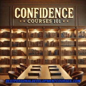 a picture of a library with confidence courses 101 at the top, representing a page full of top confidence courses and resources relating to confidence