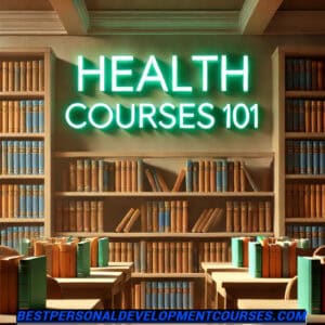 a library with the words health courses 101 at the top, representing a page of top health courses and health related resources