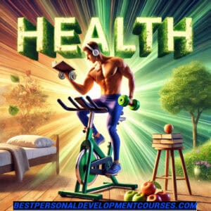 health in glowing green letters at the top of the page. a man during curls while riding an exercise bike while reading a book and with apples to the side as well as a bed, sun, and nature, all signifying a picture of health for the health course section of bestpersonaldevelopmentcourses.com