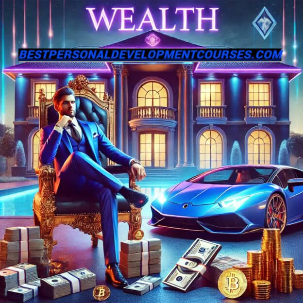 wealth in purple letters at the top of a picture that has a man sitting in throne chair in stylish suit with cash, gold, and bitcoin in front of him, and with a mansion and pool behind him, representing the wealth course page