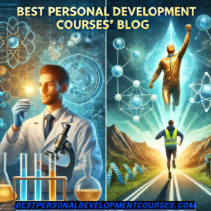 the words best personal development courses blog at the top and a picture of a scientist discovering new things and other people achieving their life goals, representing that the blog can be used as a place to learn new things to succeed and achieve new goals in life