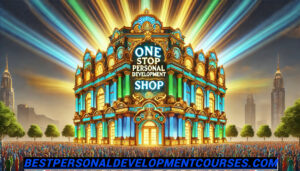 picture of a large extravagant and colorful building with the words one stop personal development shop on the front and with a large crowd surrounding it, representing this site being a one stop shop for personal development for many different people with many different goals