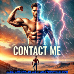 a muscular man flexing in the desert with lightning bolts in the background and contact me in the middle of the picture. It signifies personal development and the power and strength that comes along with it at bestpersonaldevelopmentcourses.com