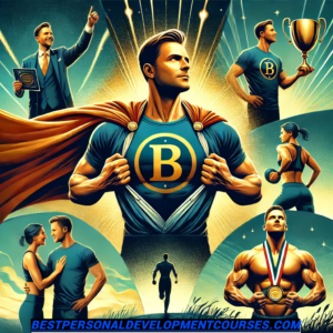 a picture of people going towards their fitness goals, a happy romantic couple, a successful businessman, and a confident man with a cape in the middle, all representing things you can gain from personal development courses on the best personal development courses site